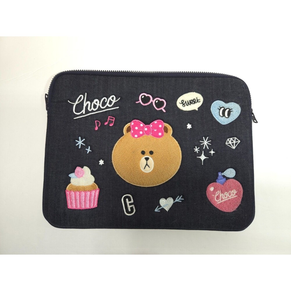 LINE FRIENDS Choco Bear Dark Navy Denim Padded Laptop Sleeve Case Bag Hole